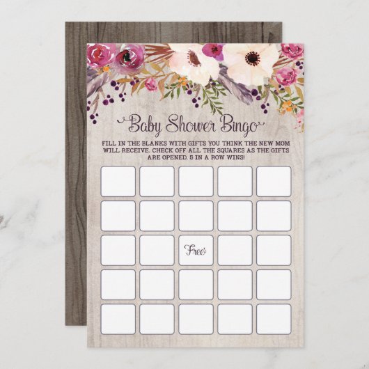 Invitation Bingo Baby shower Jeu Rustique Boho Fleurs Floral (Devant / Derrière)