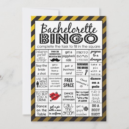 Invitation Bingo Bachelorette Or, Jeu De Fête, Défi (Devant)