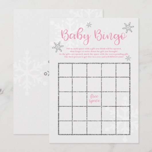 Invitation Bingo Bébé Flocon de Neige Rose et Argent Hiver (Devant / Derrière)