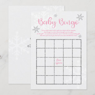 Invitation Bingo Bébé Flocon de Neige Rose et Argent Hiver