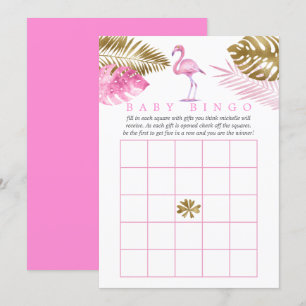 Invitation Bingo de Baby Shower Tropical Flamant Rose et Or