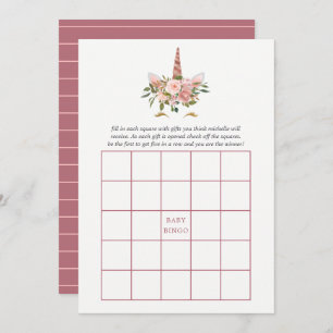 Invitation Bingo de Baby shower Unicorne Floral Blush & Rose