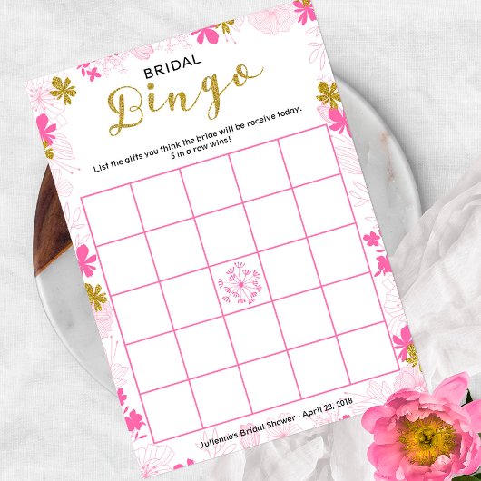 Invitation Bingo du jeu de Fête des mariées | Flore rose déli