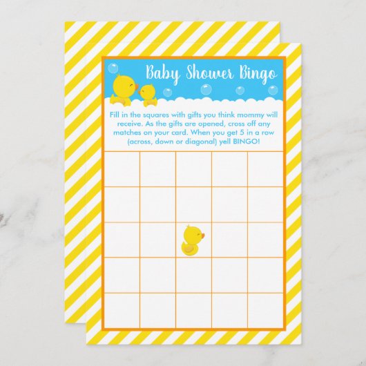 Invitation Bingo en caoutchouc Ducky Jaune et Baby shower ble (Devant / Derrière)