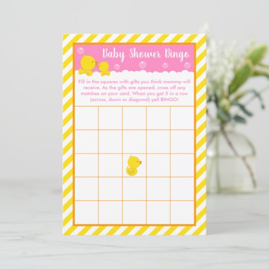 Invitation Bingo en caoutchouc Ducky Jaune et Baby shower ros (Debout devant)
