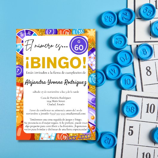 Invitation Bingo et jeux espagnols Gold 60e anniversaire