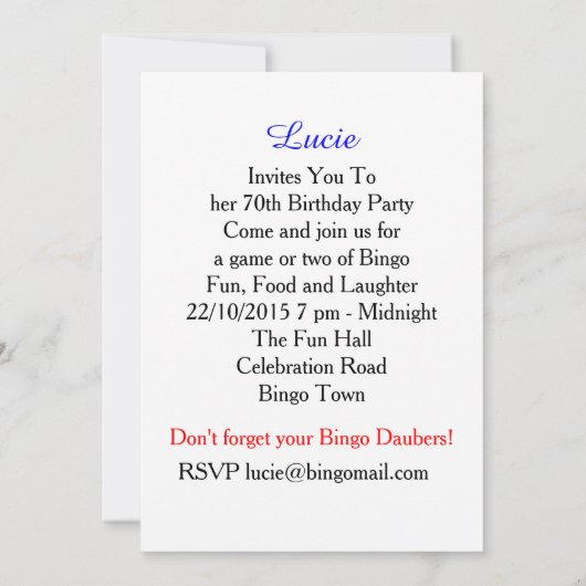 Invitation Bingo Fun Party à thème coloré (Dos)