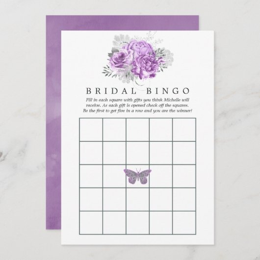 Invitation Bingo Vintage de mariée violet et argenté (Devant / Derrière)