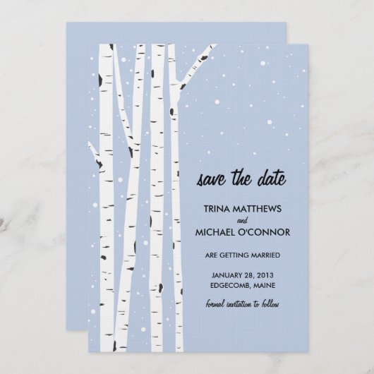 Invitation Birch Tree and Snow Enregistrer la date (Devant / Derrière)