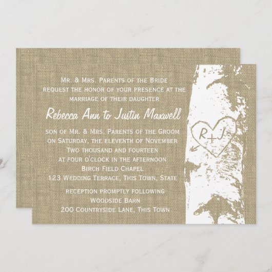 Invitation Birch Tree avec coeur sculpté et initiales (Devant / Derrière)