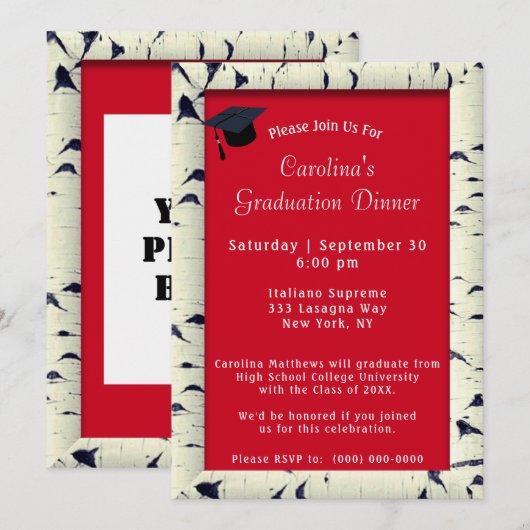 Invitation Birch Tree Bark Frame Red Dinner Casquette Graduat (Devant / Derrière)