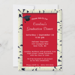 Invitation Birch Tree Bark Frame Red Dinner Casquette Graduat