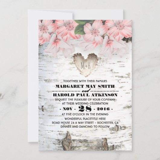 Invitation Birch Tree Bark Heart Mariage campagnard rustique (Devant)