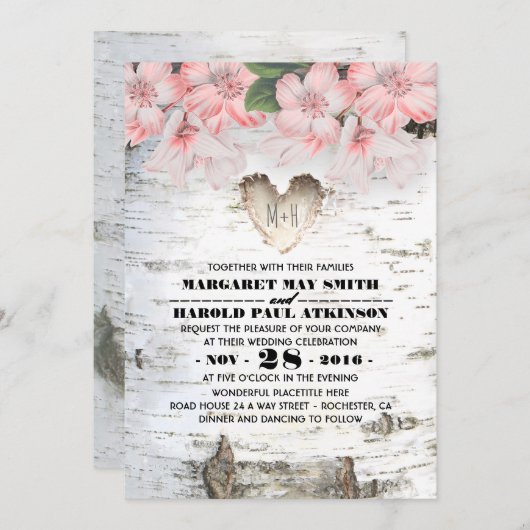 Invitation Birch Tree Bark Heart Mariage campagnard rustique (Devant / Derrière)