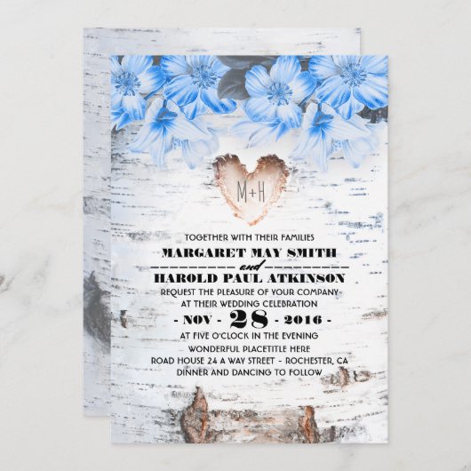 Invitation Birch Tree Bark Heart Mariage campagnard rustique (Devant / Derrière)