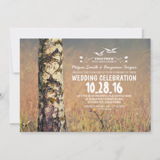 Invitation birch tree & coeur mariage rustique invite (Devant)