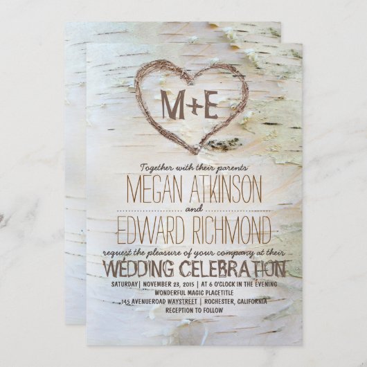 Invitation Birch Tree Heart Rustic Mariage de automne (Devant / Derrière)