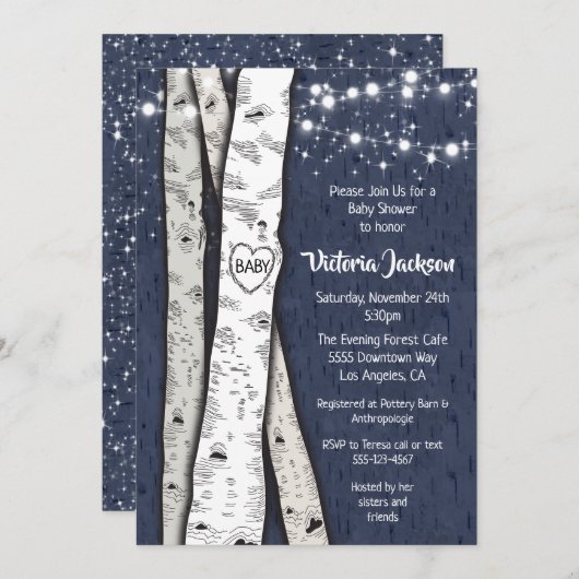 Invitation Birch Tree Soirée Twinkle Lights Baby shower (Devant / Derrière)