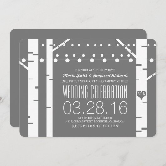 Invitation Birch Trees Lumières Coeur & String Mariage Invite (Devant / Derrière)