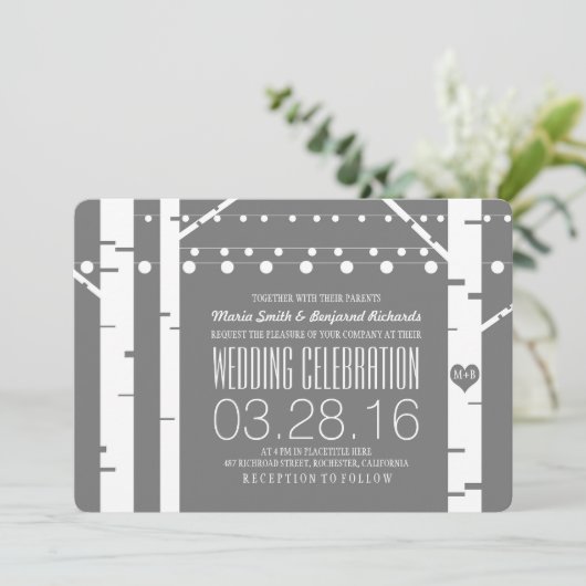 Invitation Birch Trees Lumières Coeur & String Mariage Invite (Debout devant)