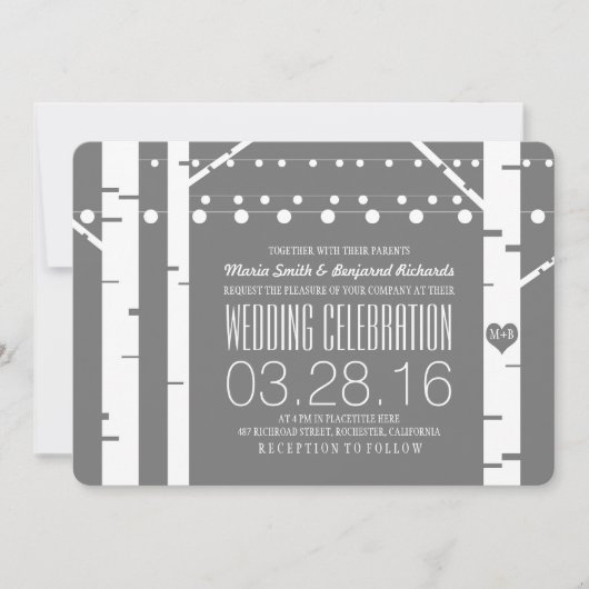 Invitation Birch Trees Lumières Coeur & String Mariage Invite (Devant)