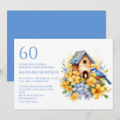 Invitation Bird Birdhouse Blue Jellow Flowers 60e anniversair (Devant / Derrière)