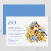 Invitation Bird Birdhouse Blue Jellow Flowers 80e anniversair (Devant / Derrière)