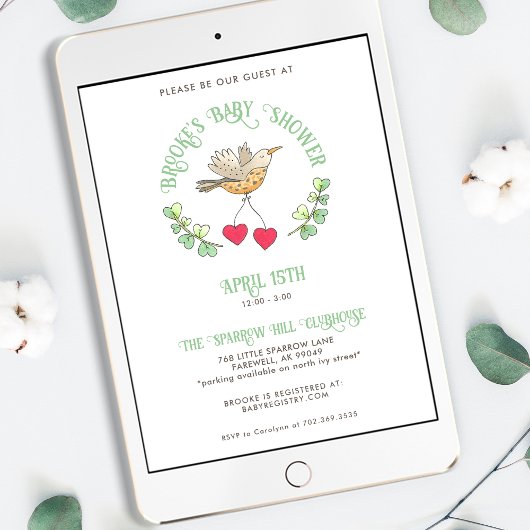 Invitation Bird de printemps avec des coeurs Baby shower mign