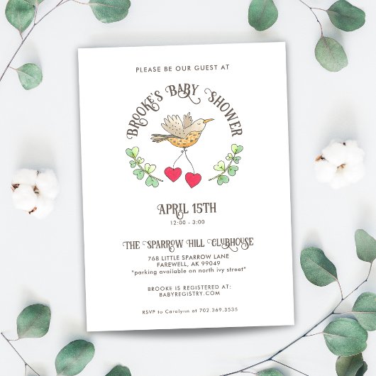 Invitation Bird de printemps avec des coeurs Baby shower mign