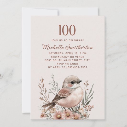 Invitation Bird Terracotta rose 100e anniversaire (Devant)