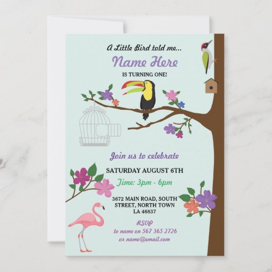 Invitation Bird Tucan GirI Birthday Mint Twins (Devant)
