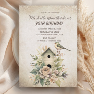 Invitation Birdhouse Flowers Rustic Vintage 90e anniversaire