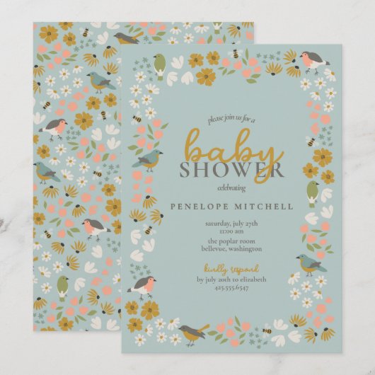 Invitation Birds and Bees Floral Baby Shower (Devant / Derrière)
