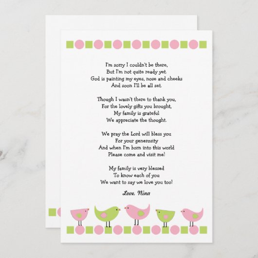 Invitation Birds baby shower merci notes / vert rose (Devant / Derrière)