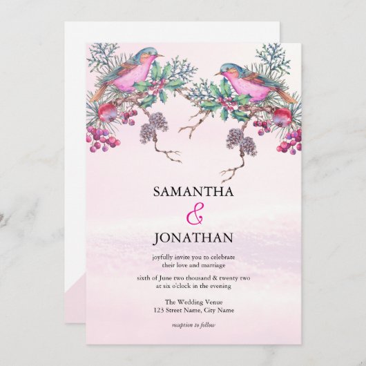 Invitation Birds & Berries Pinecone Watercolor Winter Wedding (Devant / Derrière)