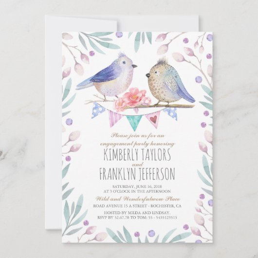 Invitation Birds Couple mignon Partie d'engagement (Devant)