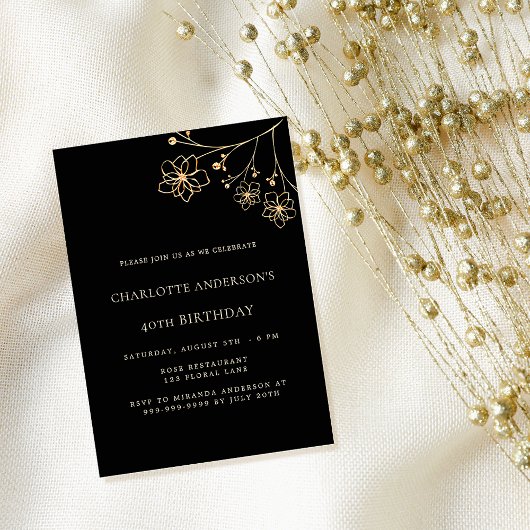 Invitation Birthday black gold floral minimalist luxury