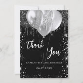 Invitation Birthday black silver balloons thank you card (Devant)