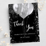 Invitation Birthday black silver balloons thank you card<br><div class="desc">A thank you note for a 18th (or any age) birthday. A chic black background color. With faux silver glitter drips, paint dripping look and balloons. On front large hand lettered script and the text: Thank You, your text, title and a date. Back: Personalize and add your thank you note...</div>