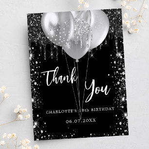 Invitation Birthday black silver balloons thank you card