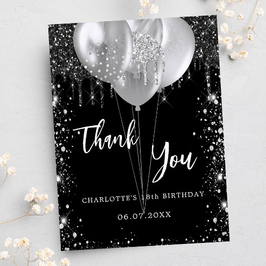 Invitation Birthday black silver balloons thank you card