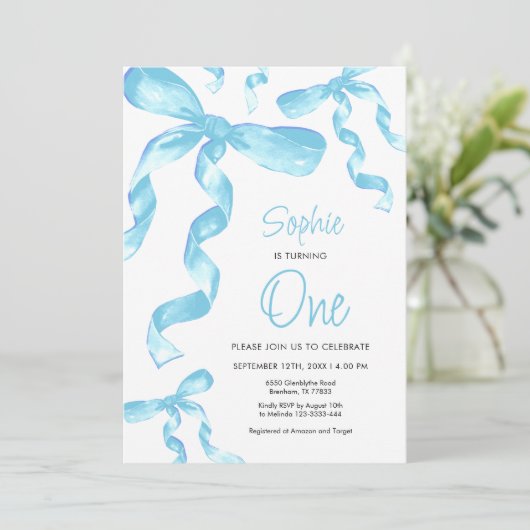 Invitation Birthday Blue Bow (Debout devant)