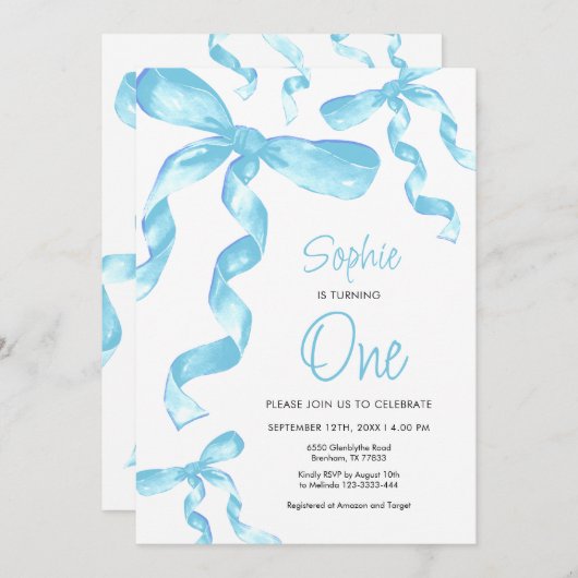 Invitation Birthday Blue Bow (Devant / Derrière)
