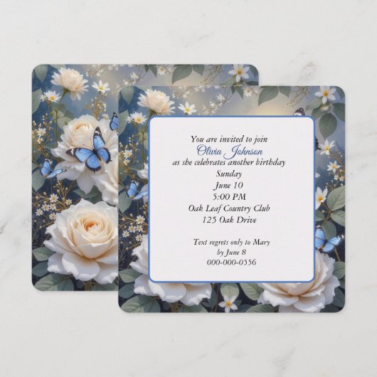 Invitation Birthday Butterflies On White Roses and Daisies (Devant / Derrière)