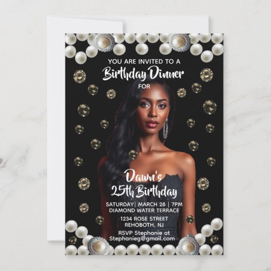 Invitation Birthday Dinner Black, Diamond, & Pearl Photo (Devant)
