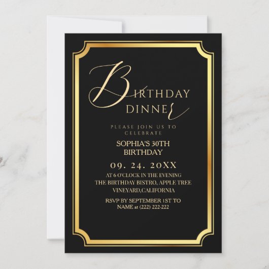 Invitation Birthday Dinner Modern & Minimal Black (Devant)