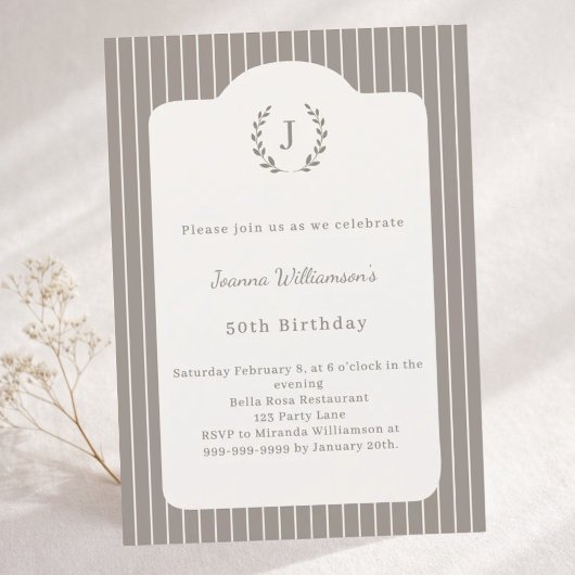 Invitation Birthday Ivory Taupe Neutral Pinstriped Monogram
