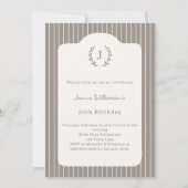 Invitation Birthday Ivory Taupe Neutral Pinstriped Monogram (Devant)