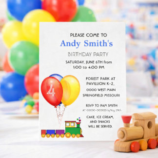 Invitation Birthday Party Balloons & Train 