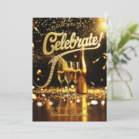 Invitation Birthday Party Celebrate Champagne Streamers Gold (Debout devant)